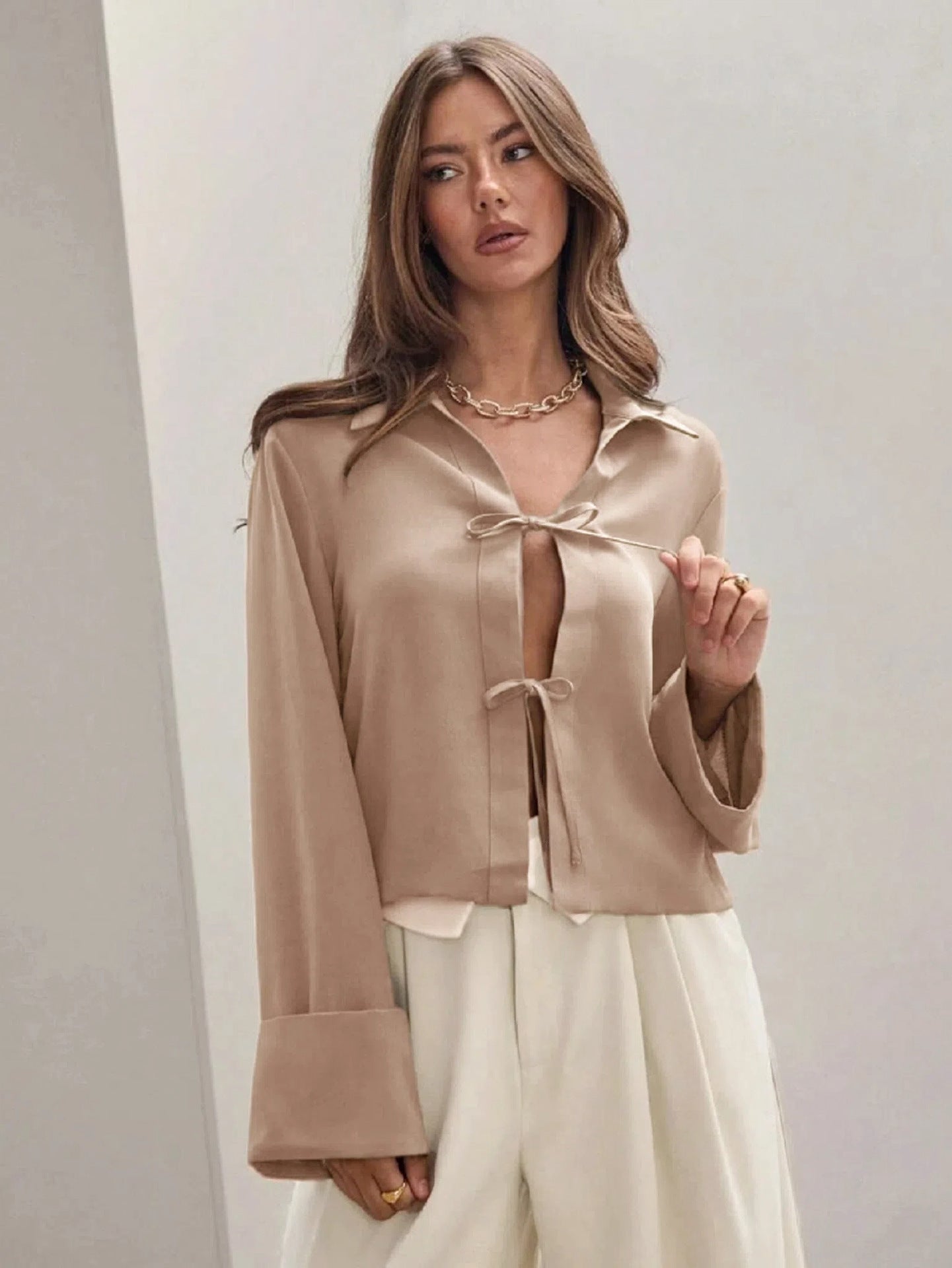 Women’s Long Sleeve Bowknot Cardigan Lace-Up Shirt
