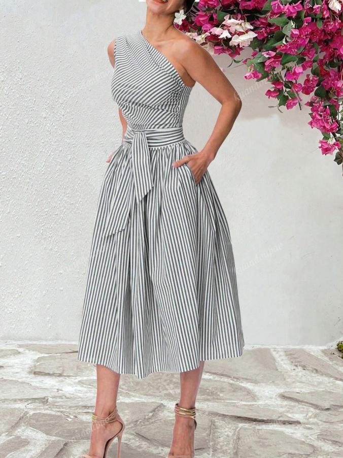 One Shoulder Striped Midi Dress with Waist Tie