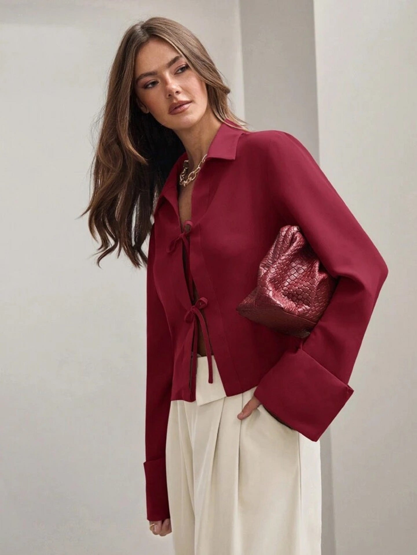 Women’s Long Sleeve Bowknot Cardigan Lace-Up Shirt