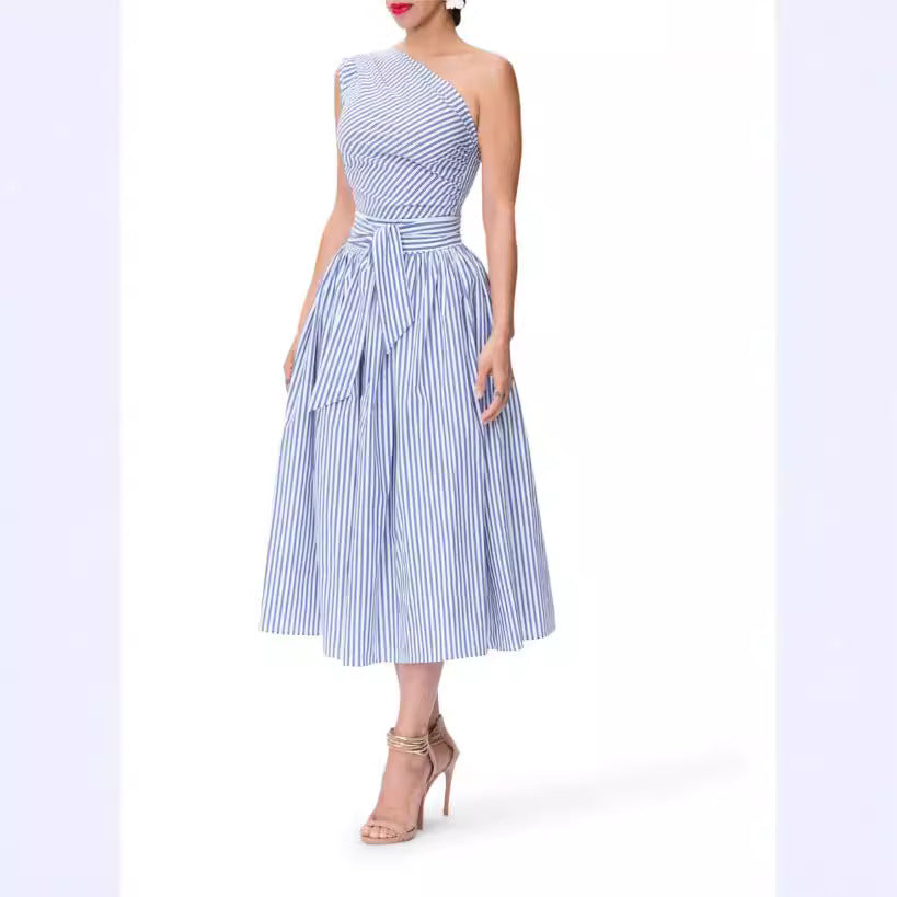 One Shoulder Striped Midi Dress with Waist Tie