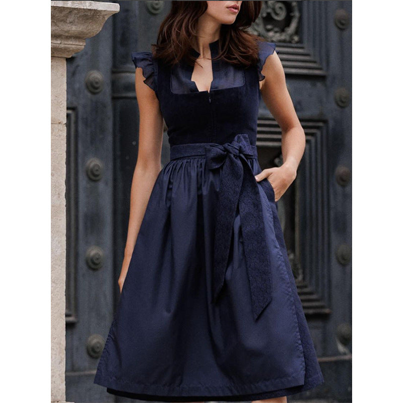 Elegant Sleeveless Lace Belted Velvet Dress – Dark Blue