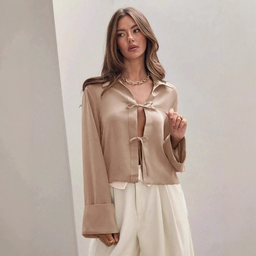 Women’s Long Sleeve Bowknot Cardigan Lace-Up Shirt