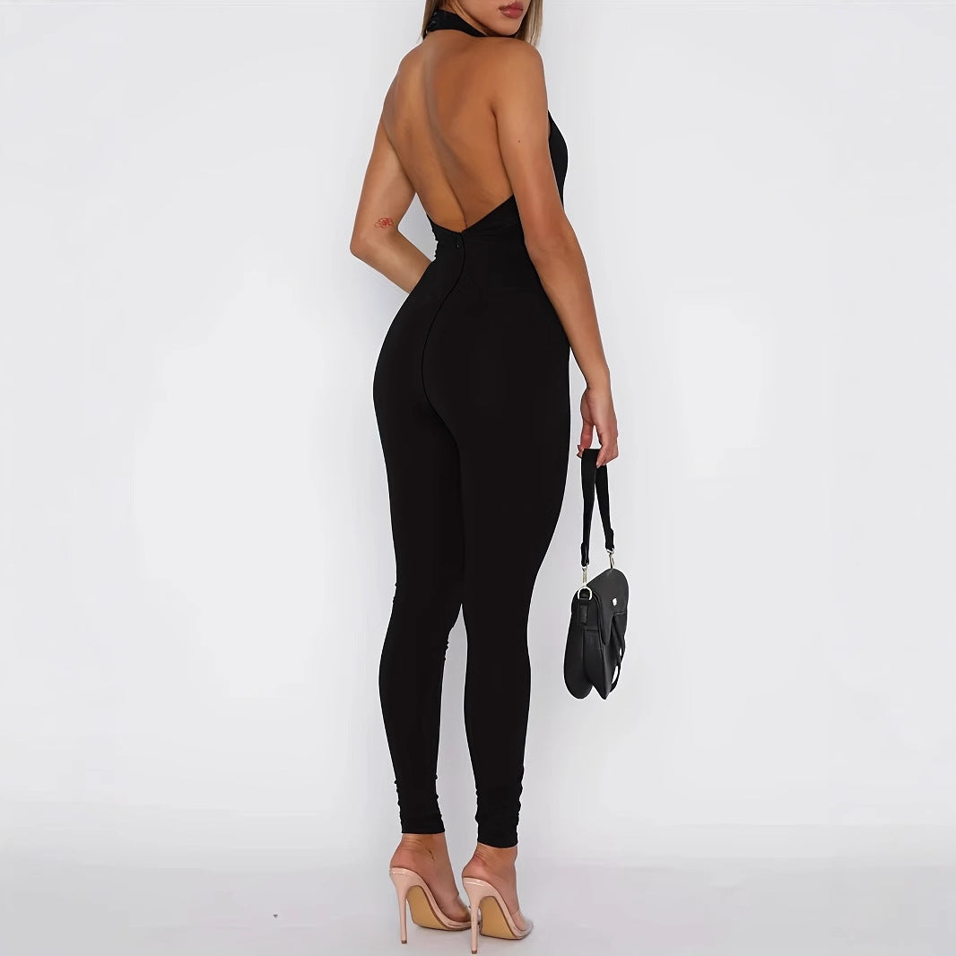 Women’s Pure Color Halter Backless Slim-Fit Jumpsuit
