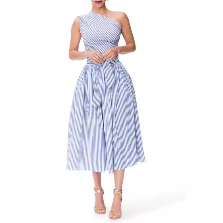 One Shoulder Striped Midi Dress with Waist Tie