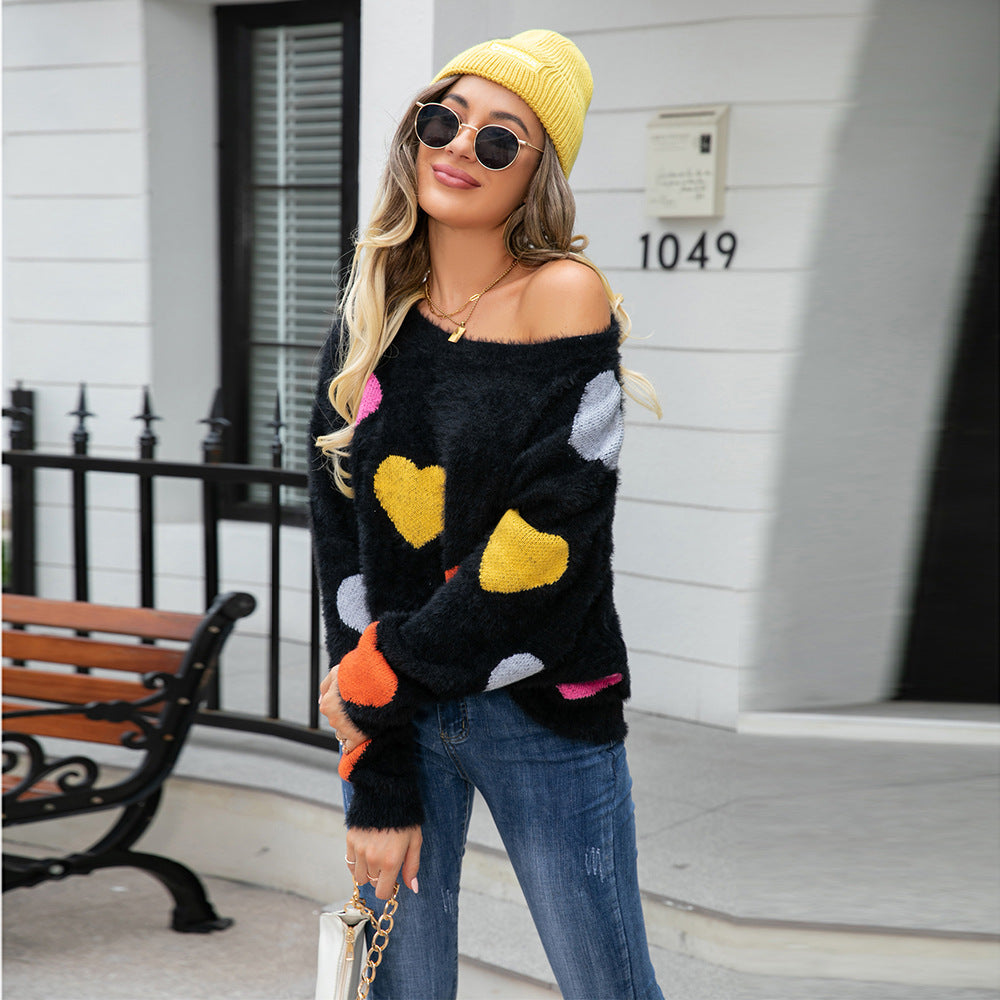Women’s Round Neck Heart Print Sweater – Cozy Knitted Love Pattern Pullover