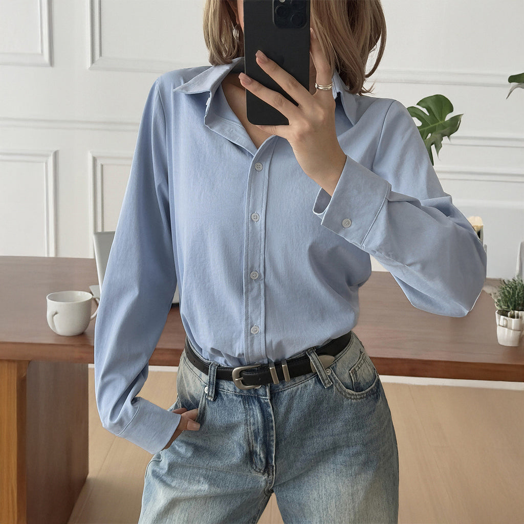 Women’s Solid Color Casual Button-Up Shirt Long Sleeve Classic Blouse