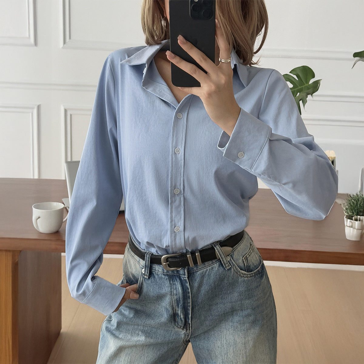 Women’s Solid Color Casual Button-Up Shirt Long Sleeve Classic Blouse