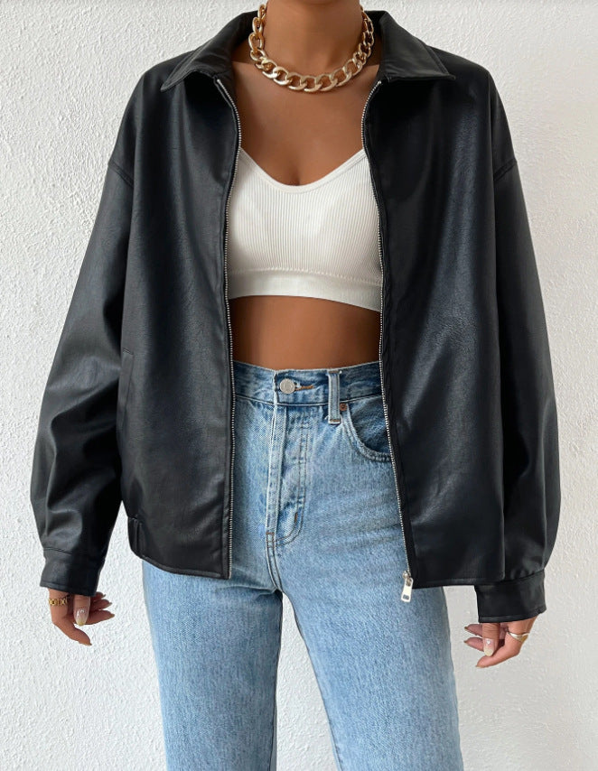 PU Leather Retro Biker Jacket – Women’s Long Sleeve Zipper Lapel Coat