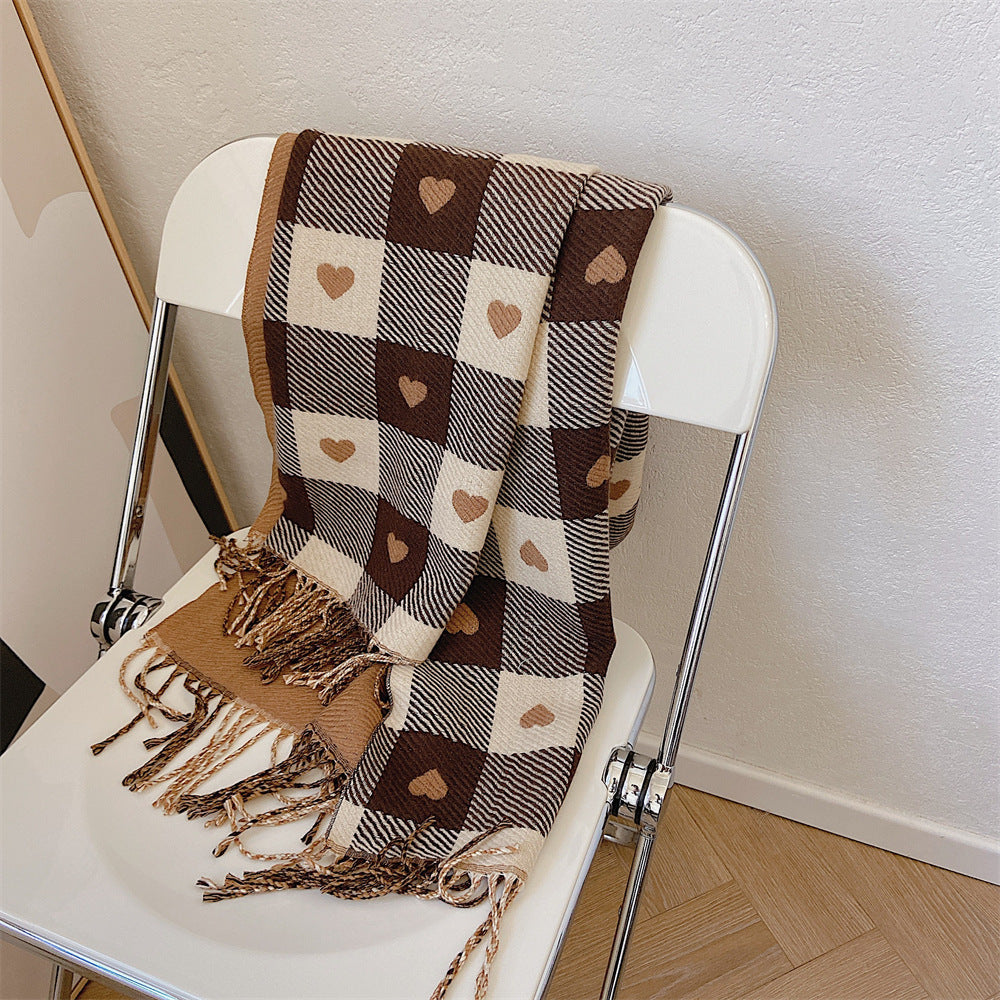 Women’s Winter Heart Plaid Cashmere Scarf – Thick Warm Checkered Shawl with Fringe