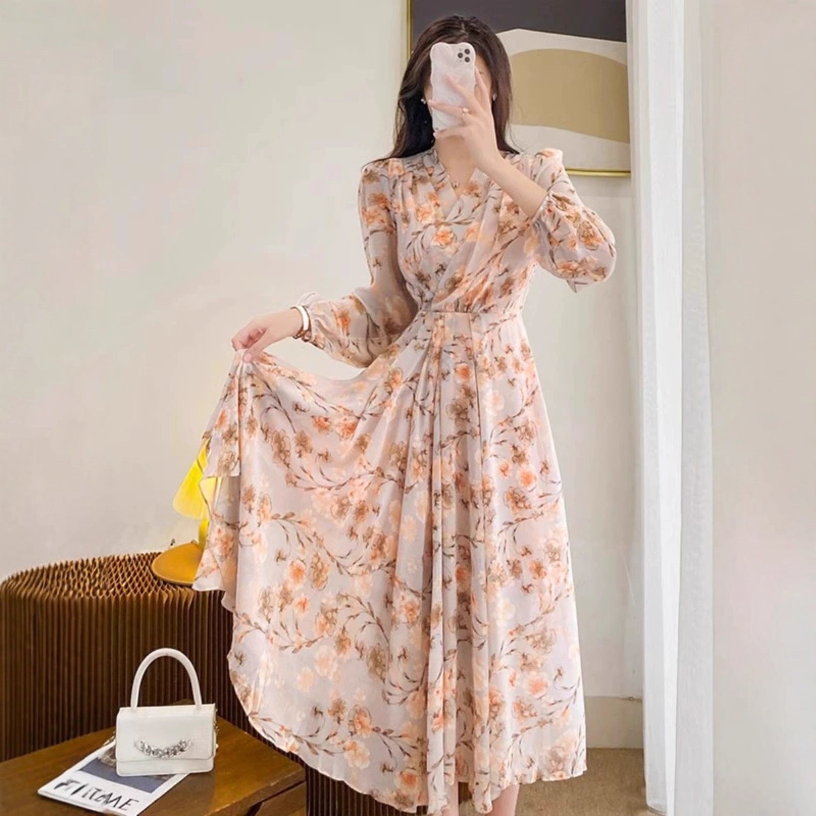 French Style Long Sleeve V-Neck Floral Chiffon Dress