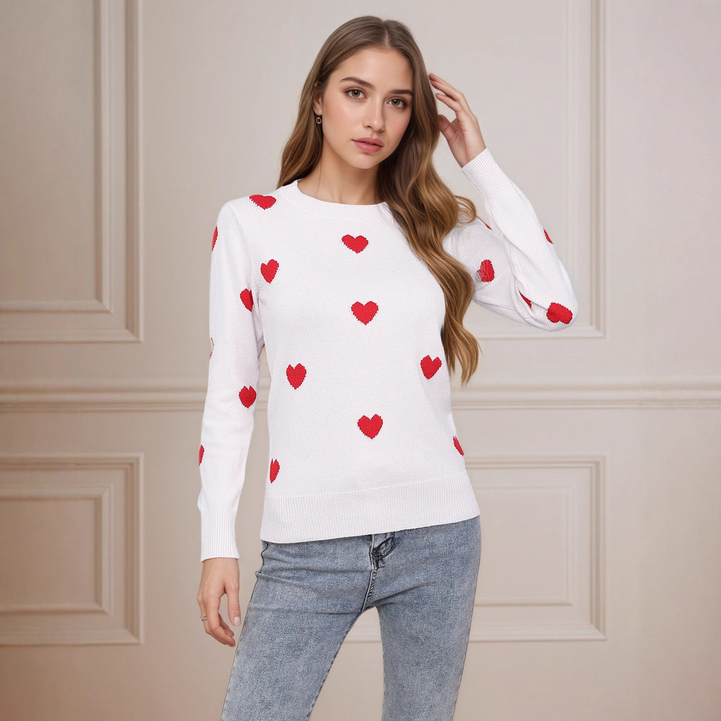 Women’s Heart Jacquard Round Neck Sweater – Cute Valentine’s Day Pullover