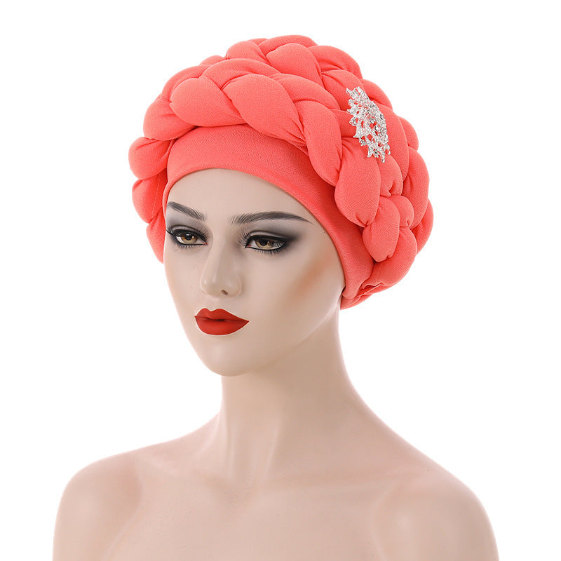 Women’s African Style Braided Turban Hat with Decorative Accessories