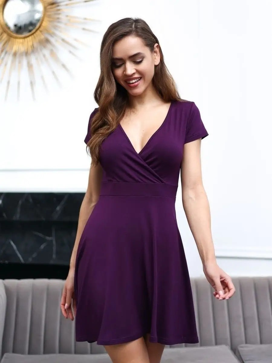 Women’s Knitted V-Neck Short Sleeve Mini Dress
