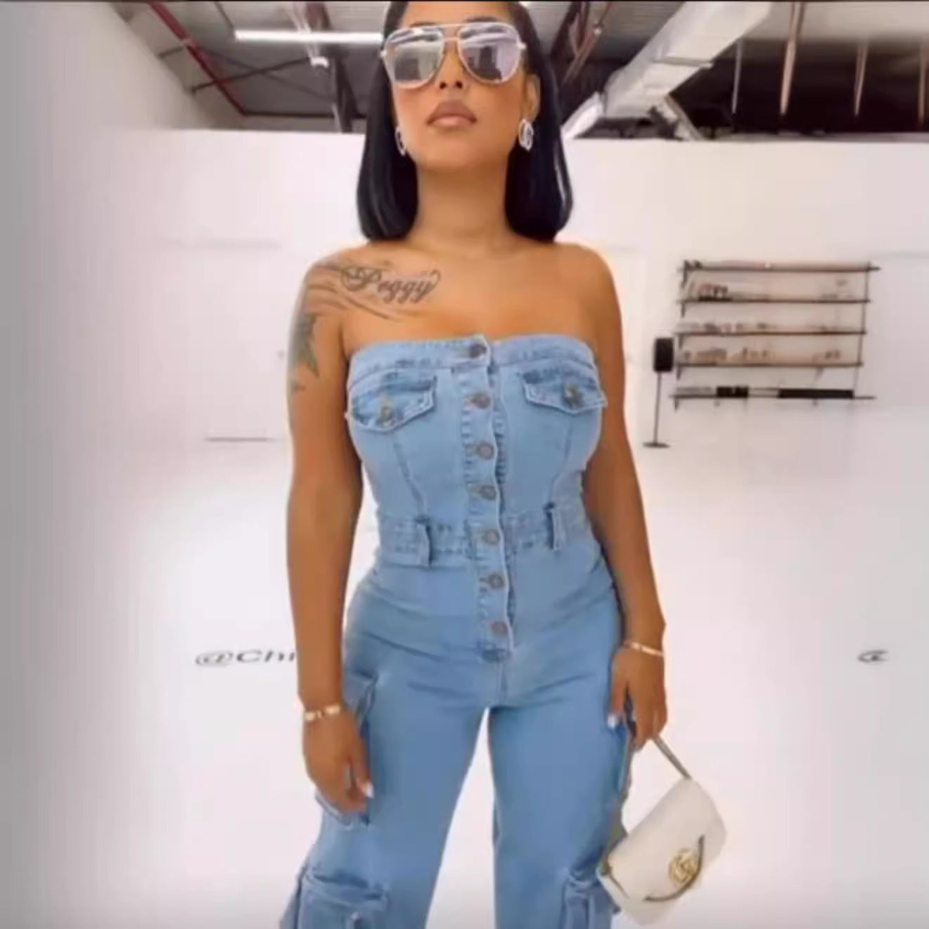 Tube Top Denim Jumpsuit with Multi-Pocket Design – Button-Up Casual Romper