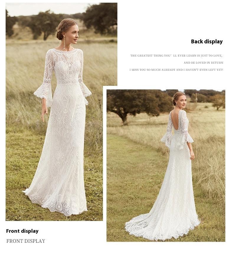 Retro Bohemian Lace Wedding Dress – Elegant Long Sleeve Bridal Gown