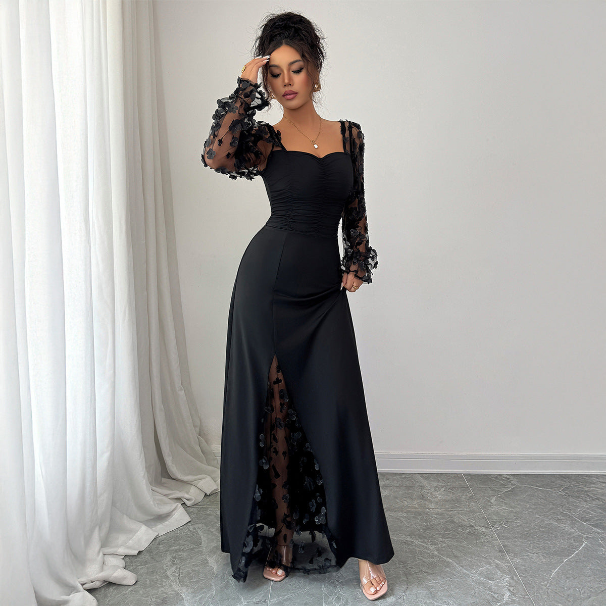 Elegant Black Evening Dress with Sheer Floral Sleeves – Long Maxi Gown