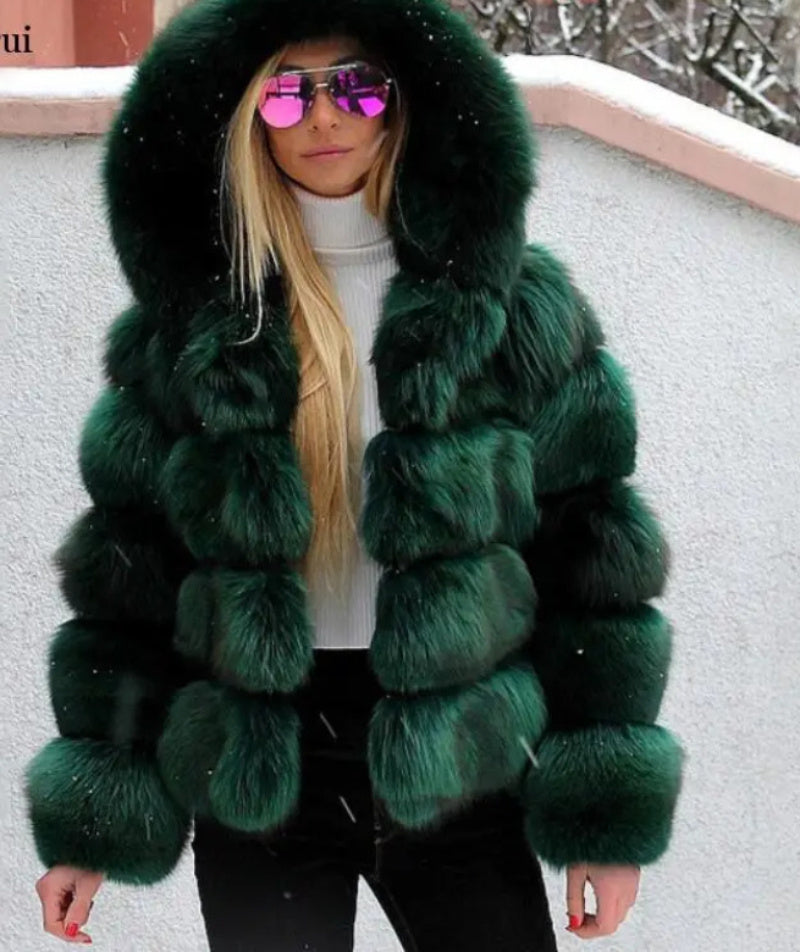 Women’s Hooded Faux Fur Winter Jacket – Warm Plush Coat with Long Sleeves