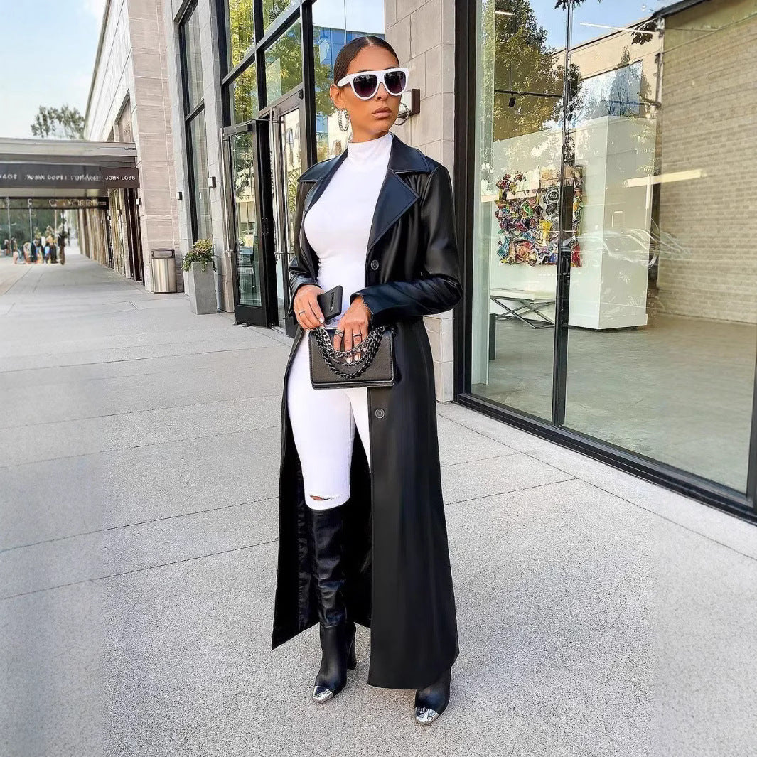 Elegant Long PU Leather Trench Coat with Lapel Collar – Street Style Outerwear