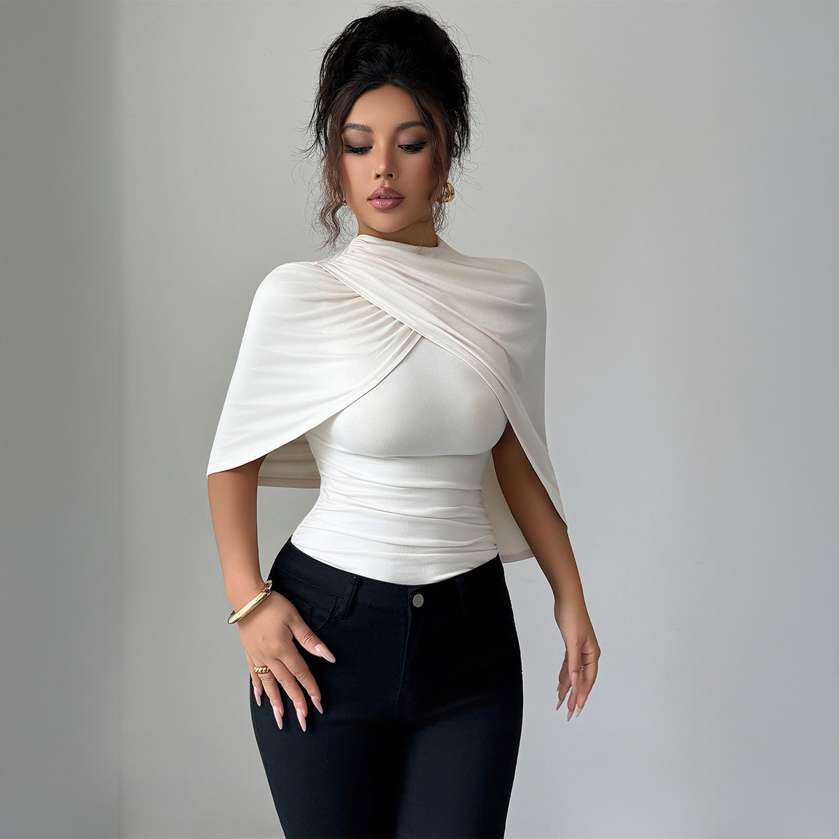 Solid Color Shawl Short-Sleeved T-Shirt for Women