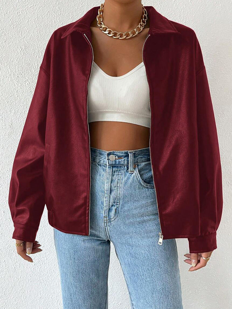 PU Leather Retro Biker Jacket – Women’s Long Sleeve Zipper Lapel Coat