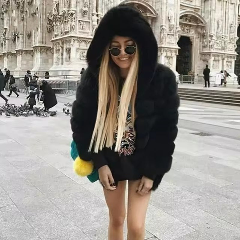 Women’s Hooded Faux Fur Winter Jacket – Warm Plush Coat with Long Sleeves