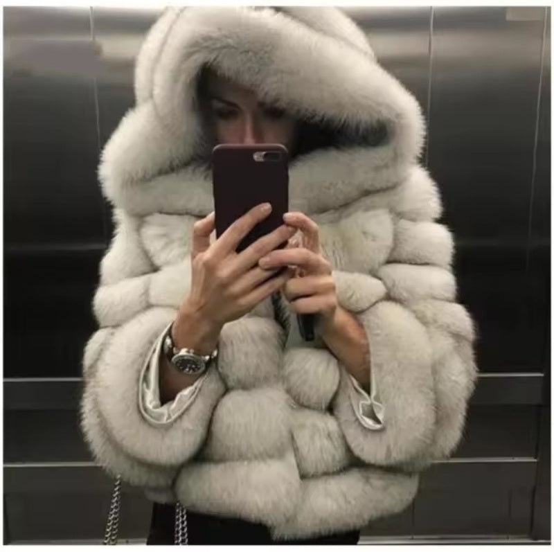 Women’s Hooded Faux Fur Winter Jacket – Warm Plush Coat with Long Sleeves