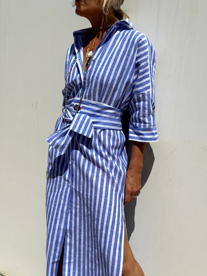 Women’s Mid-Length Striped Shirt Dress with Belt – 5/4 Sleeve Casual Lapel Dress