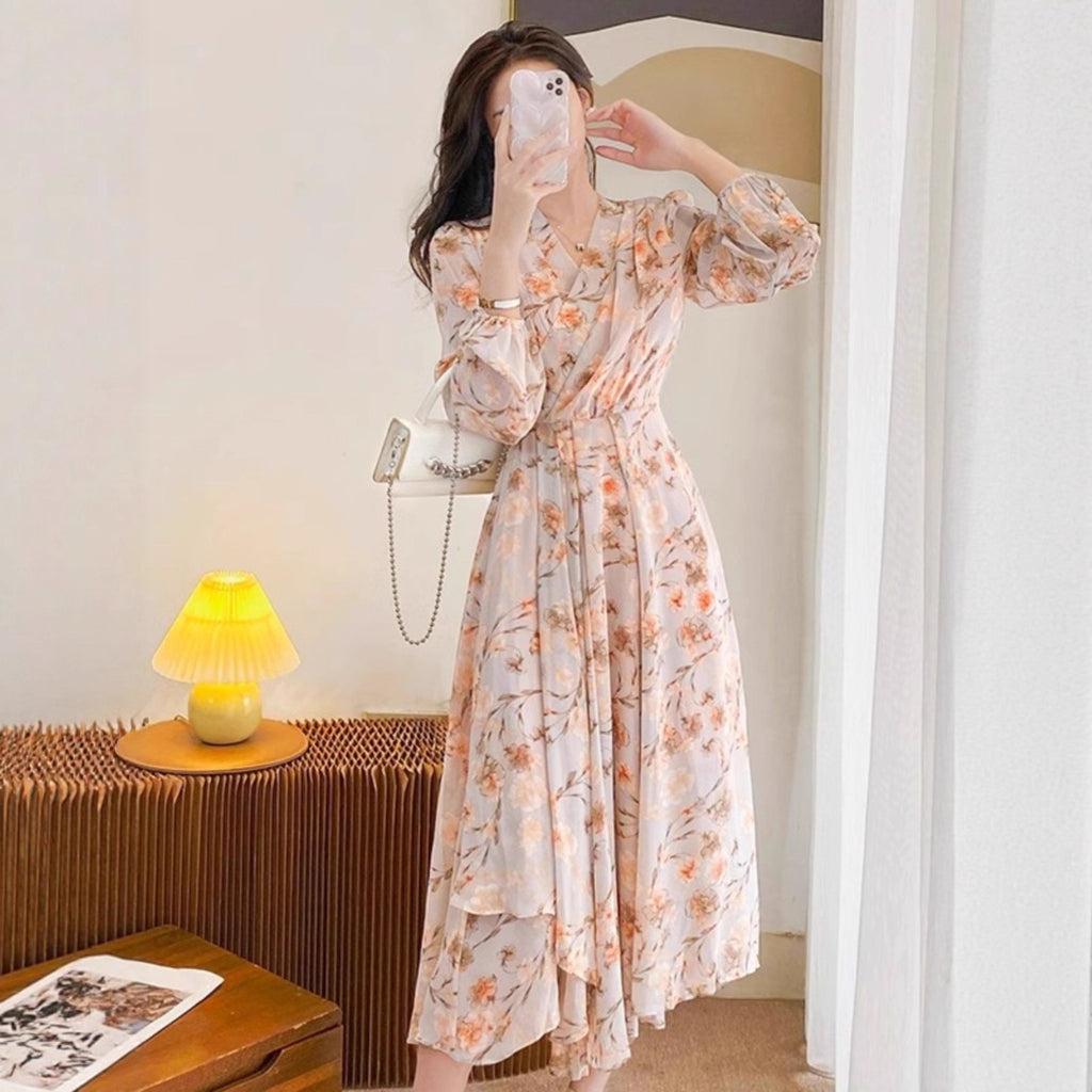 French Style Long Sleeve V-Neck Floral Chiffon Dress