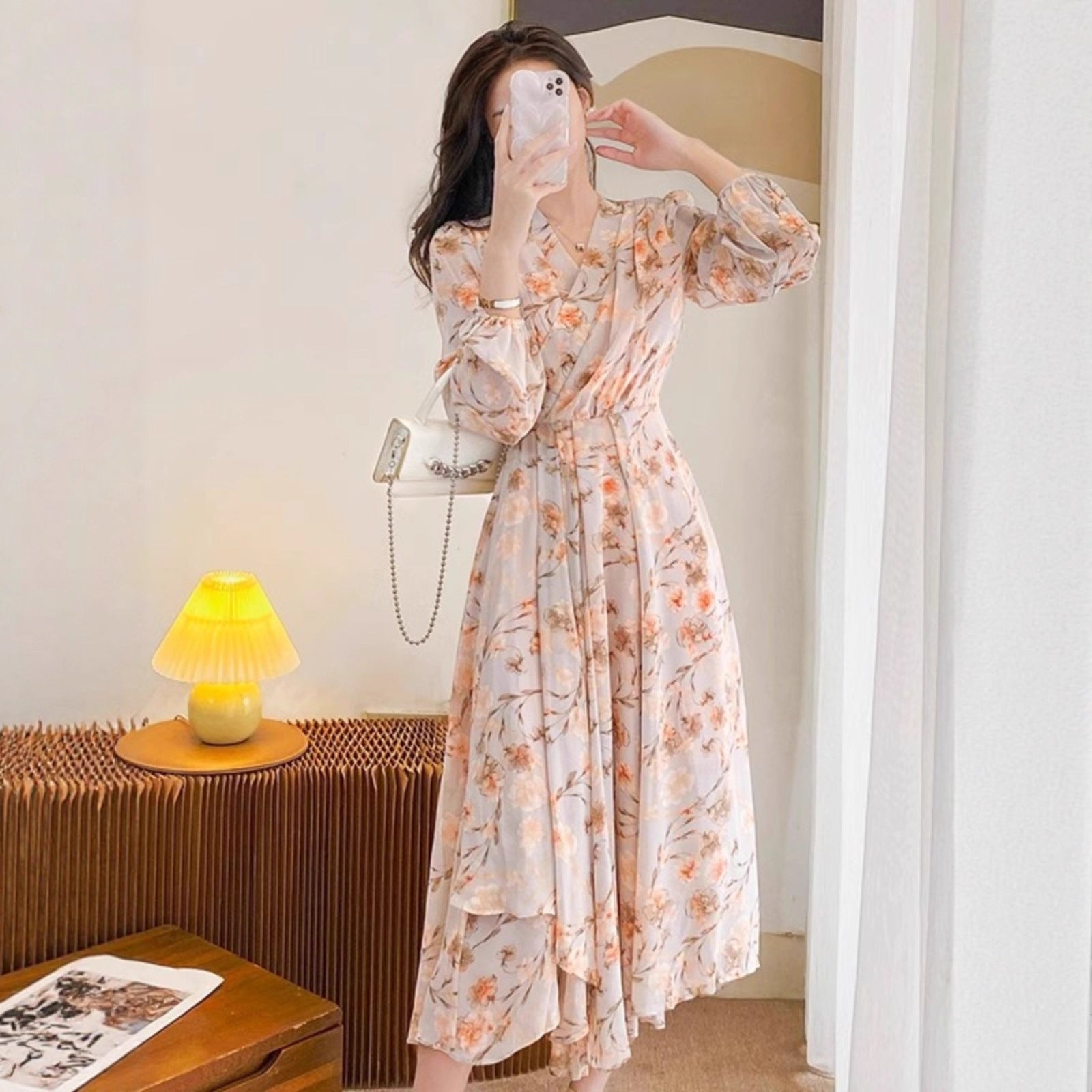 French Style Long Sleeve V-Neck Floral Chiffon Dress