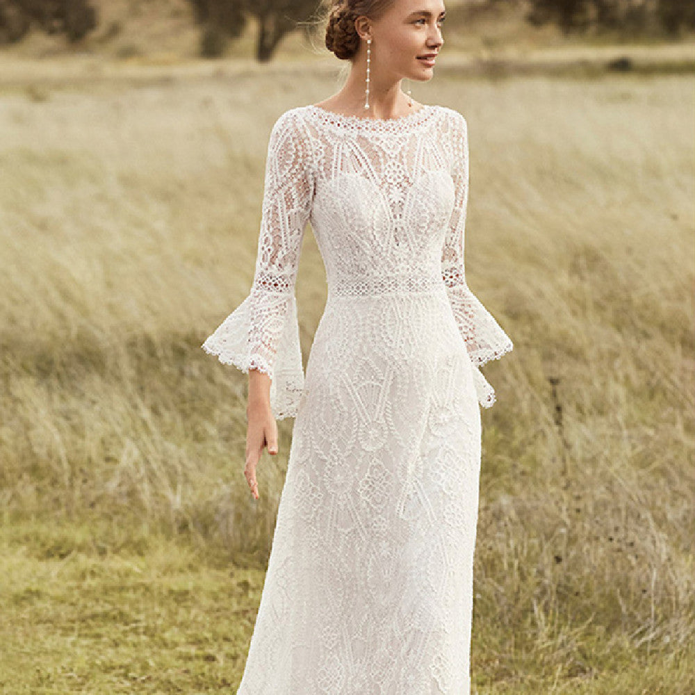 Retro Bohemian Lace Wedding Dress – Elegant Long Sleeve Bridal Gown