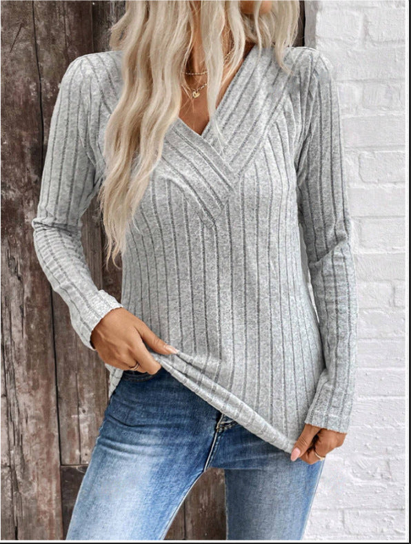 Women’s Casual Solid Color Knitted V-Neck Long Sleeve Sweater