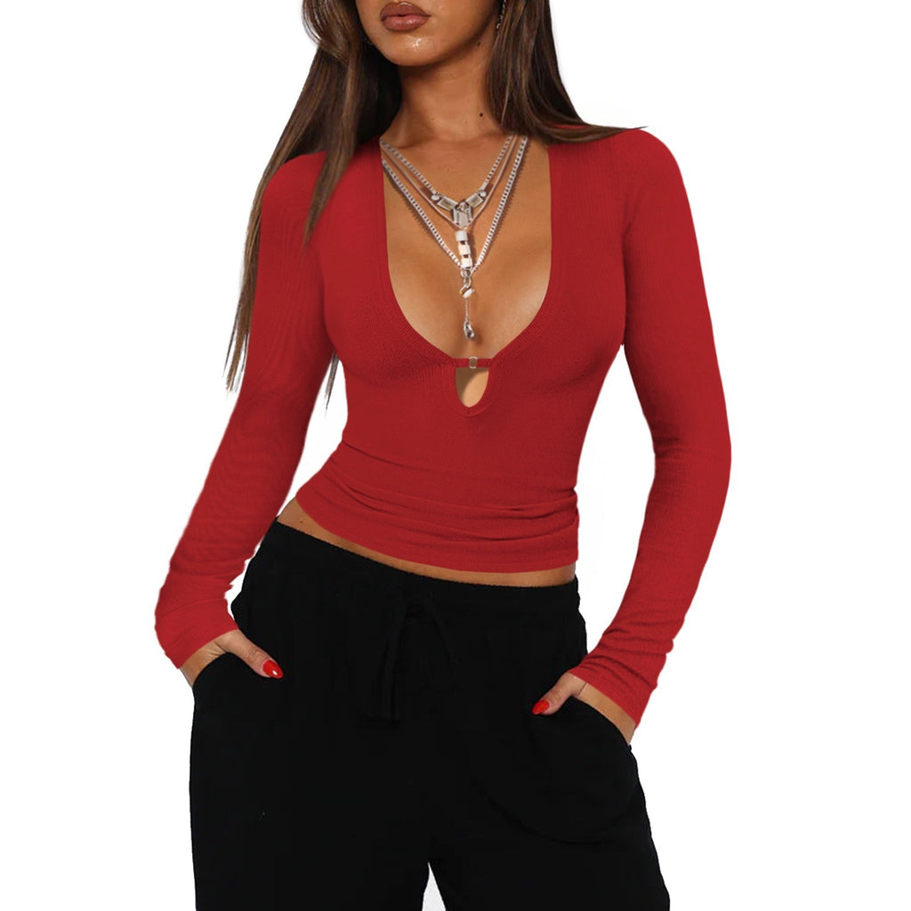 Deep V-Neck Hollow Slim Fit Long Sleeve Top