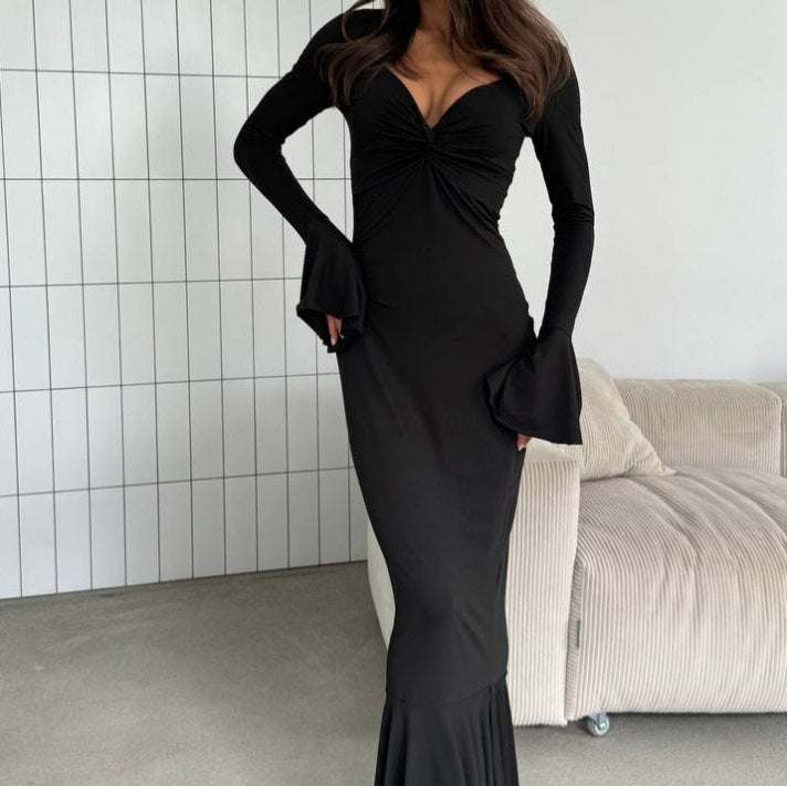 V-Neck Elegant Long Sleeve Ruffle Hem Bodycon Dress