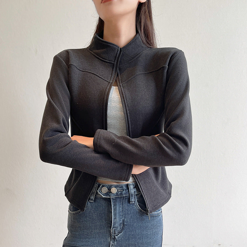 Stand Collar Short Coat – Women’s Warm Zipper Hoodie Jacket
