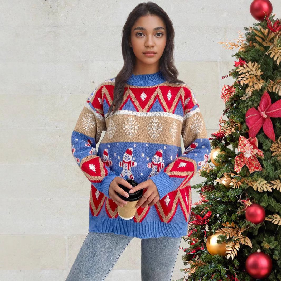 Loose Retro Christmas Sweater with Snowman Print – Women’s Festive Winter Pullover