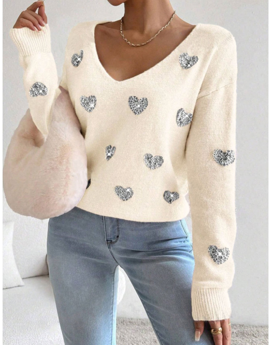Women’s Embroidered V-Neck Pullover Sweater – Casual Heart Pattern Knit Top