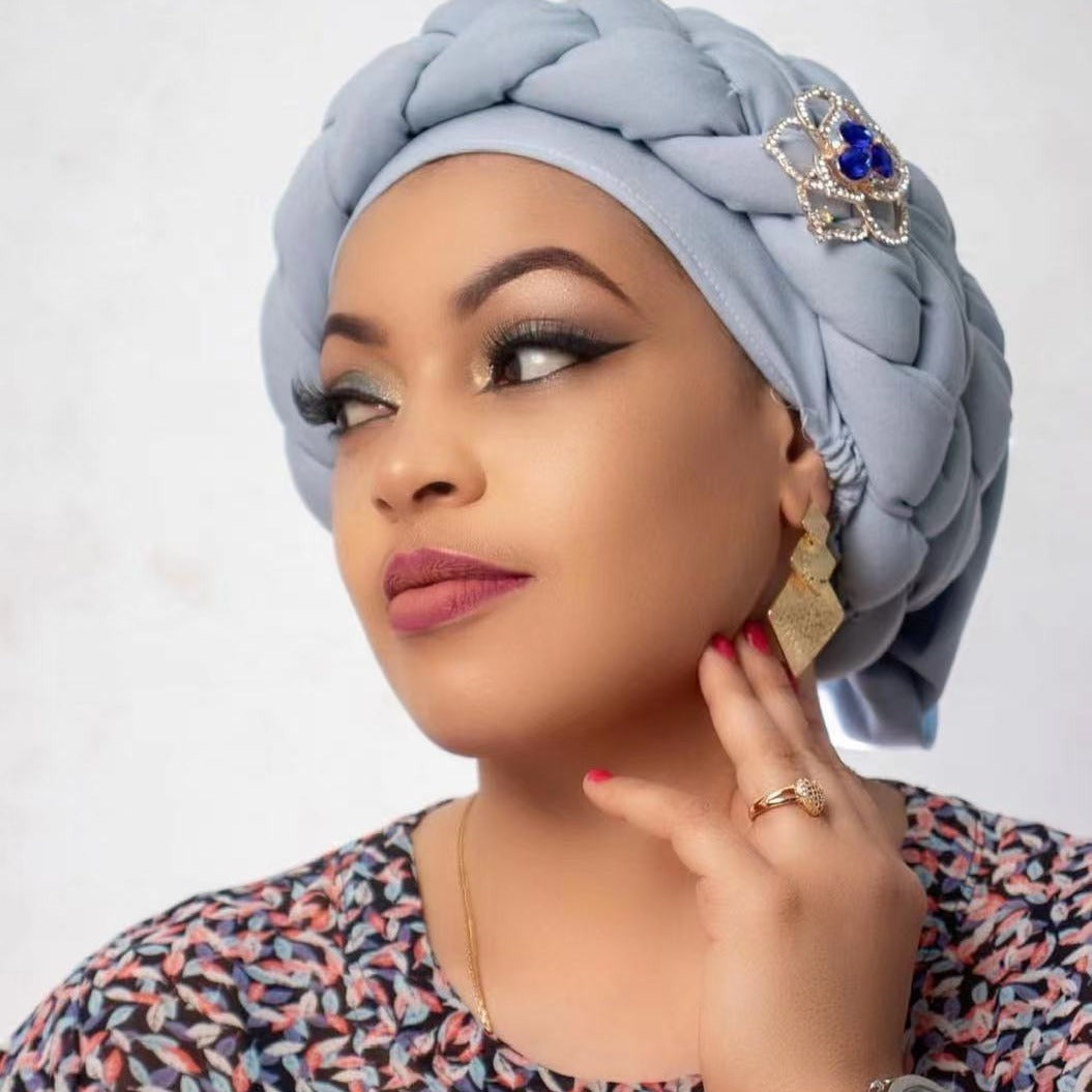 Women’s African Style Braided Turban Hat with Decorative Accessories
