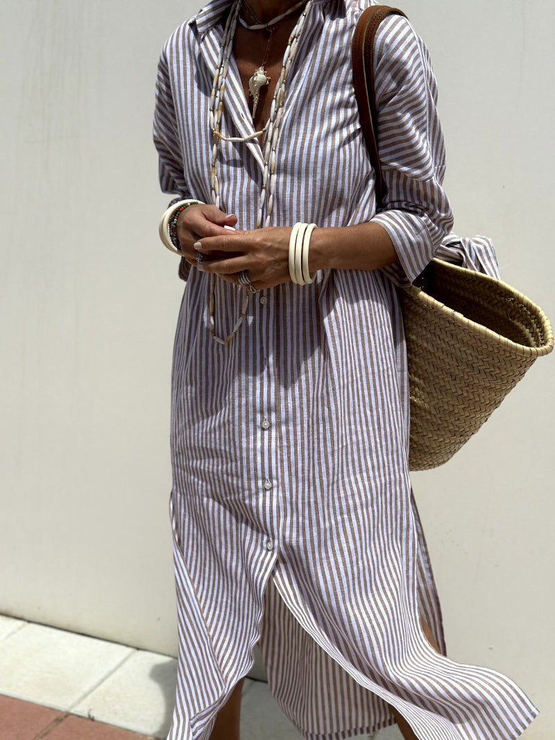 Women’s Mid-Length Striped Shirt Dress with Belt – 5/4 Sleeve Casual Lapel Dress
