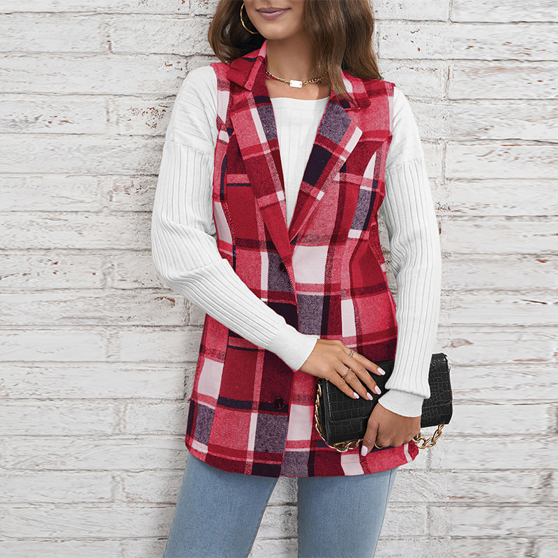 Women’s Casual Plaid Sleeveless Vest - Button Front Jacket