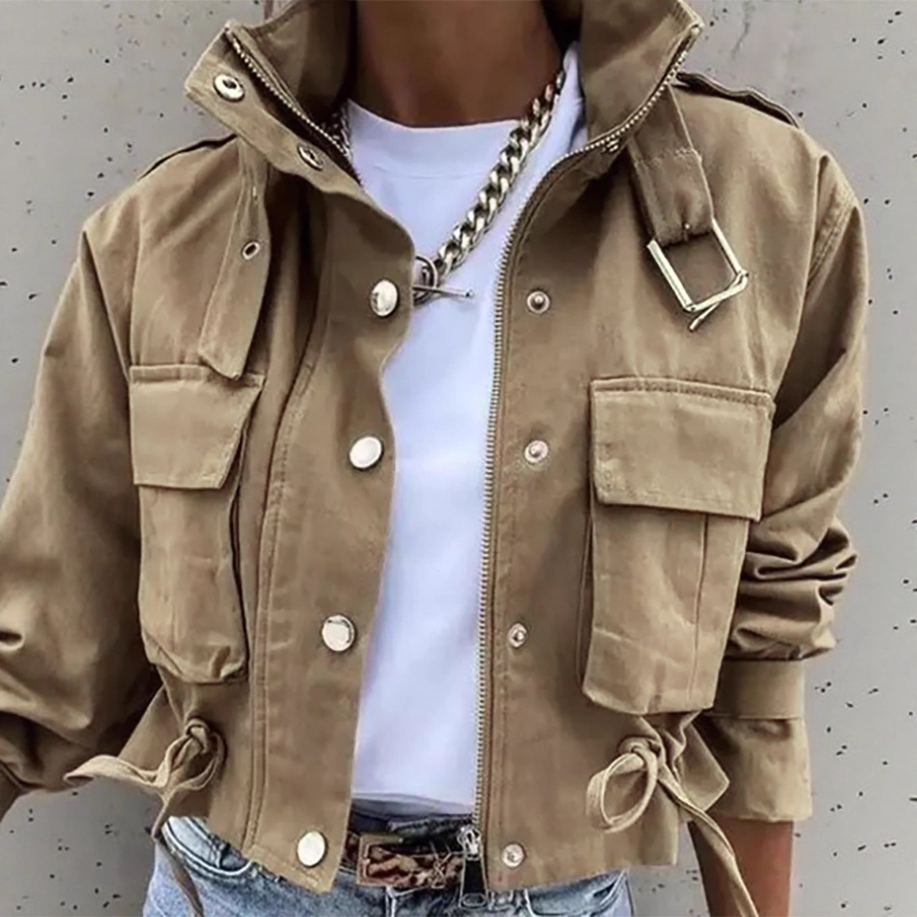 Women’s Casual Short Zipper Coat – Single-Breasted Long Sleeve Jacket with Pockets