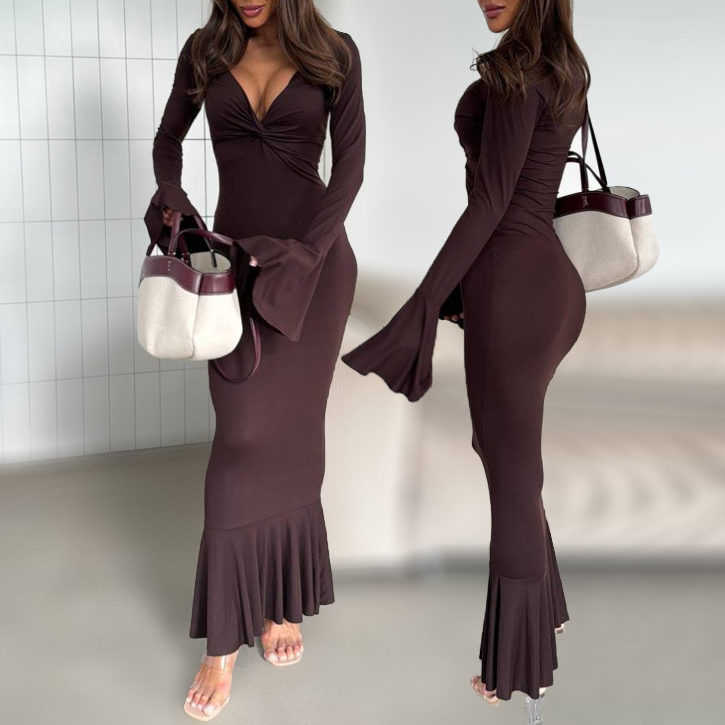 V-Neck Elegant Long Sleeve Ruffle Hem Bodycon Dress