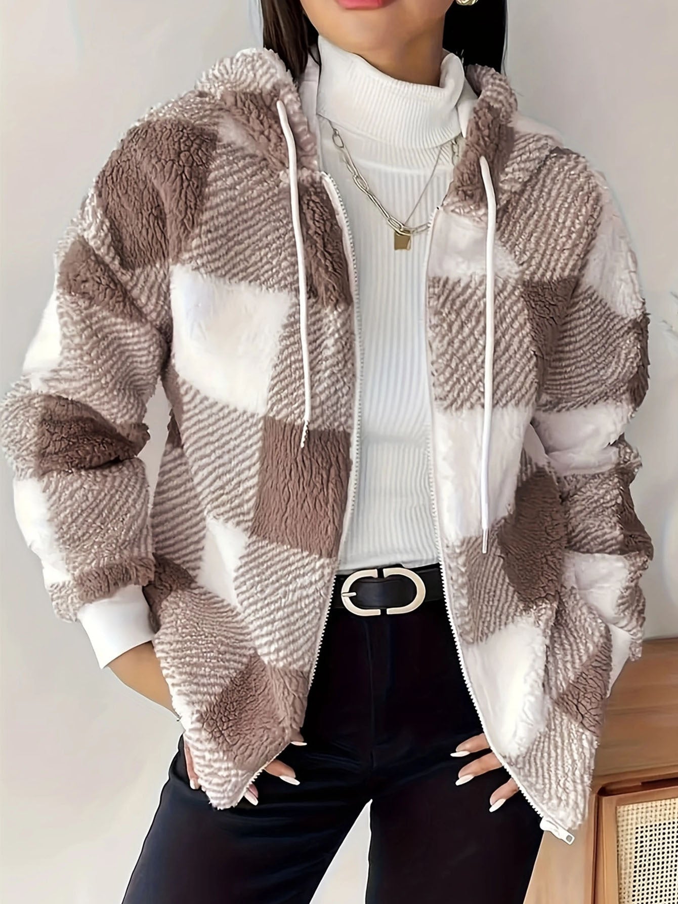 Plaid Hooded Loose Fit Winter Jacket – Women’s Casual Warm Outerwear