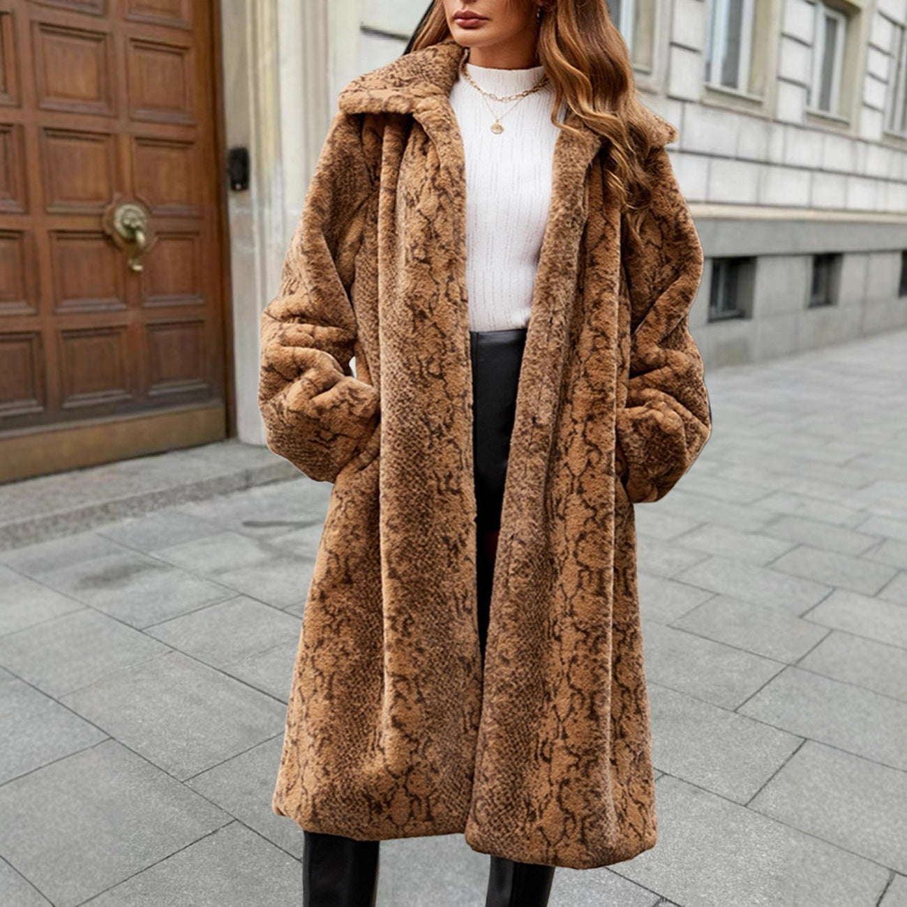 Leopard Print Plush Long Coat – Women’s Winter Over-the-Knee Warm Jacket