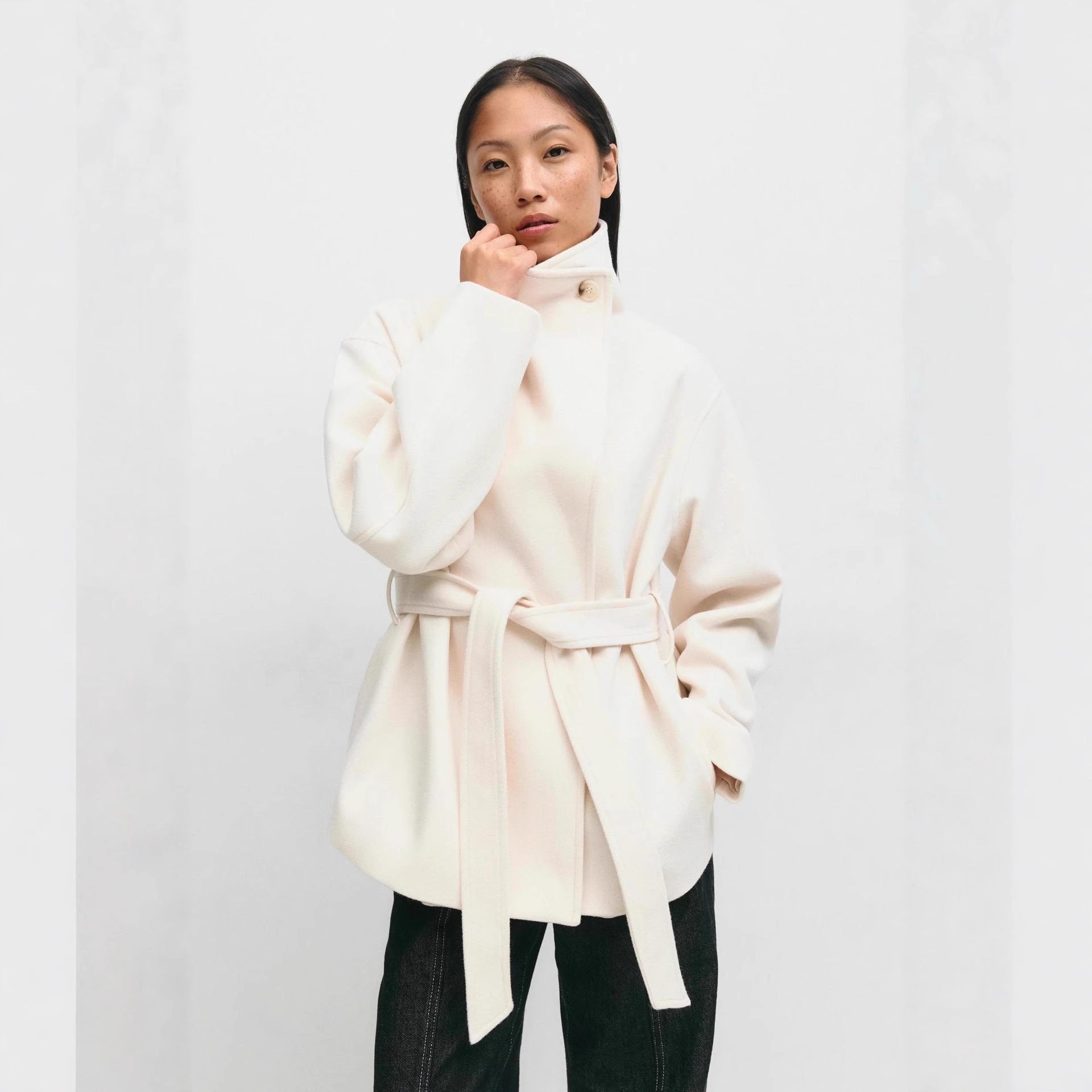Women’s Autumn Winter Woolen Belted Coat – Elegant Mid-Length Jacket