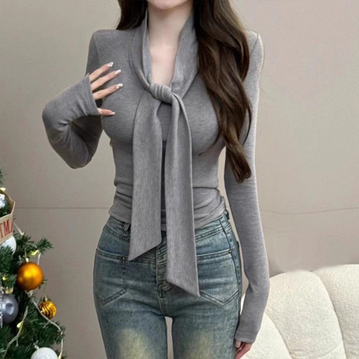 Elegant V-Neck Tie Front Long Sleeve Blouse – Casual Korean Style Top