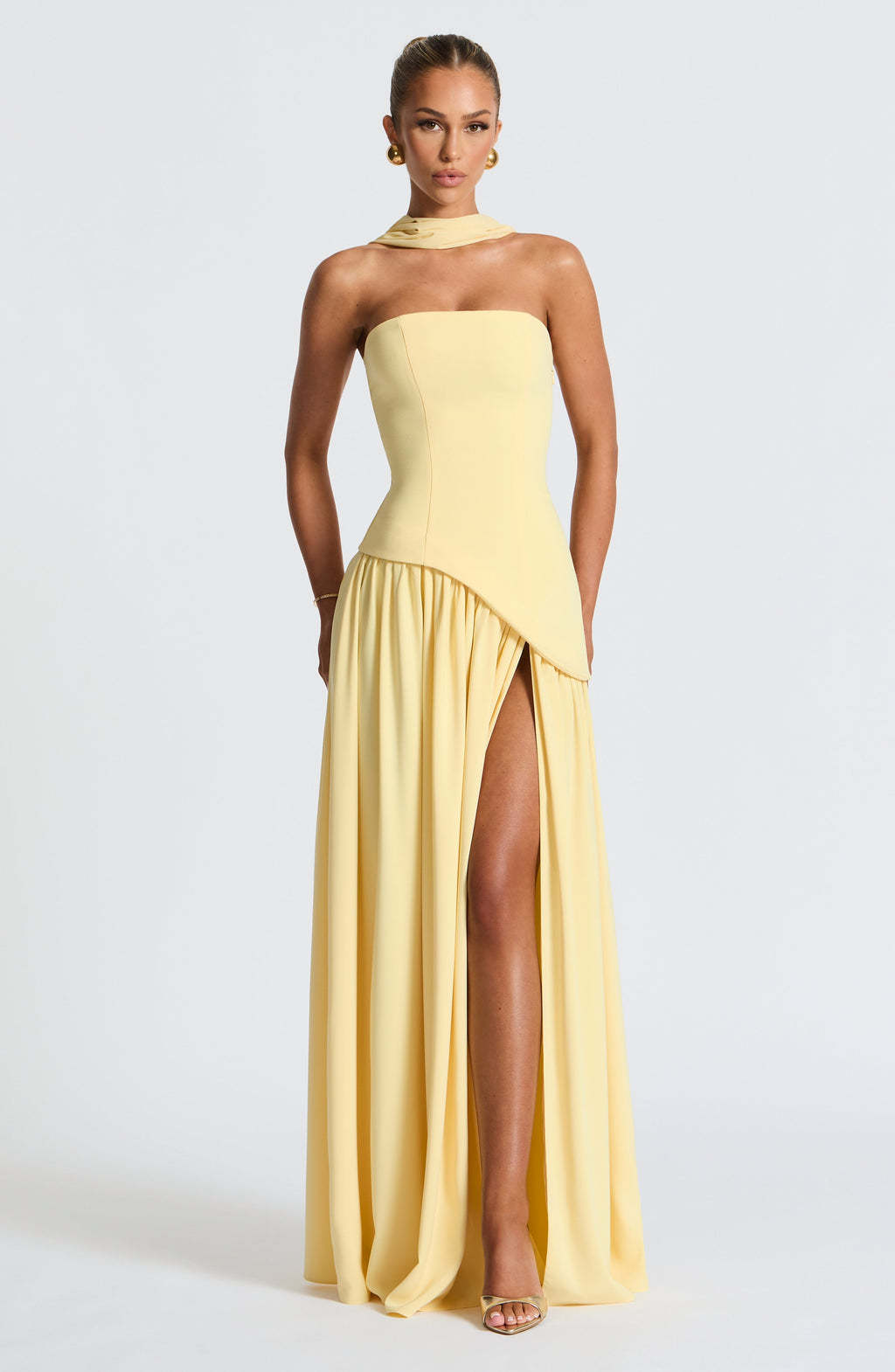 Maliyah Strapless Maxi Dress with High Slit and Scarf Detail