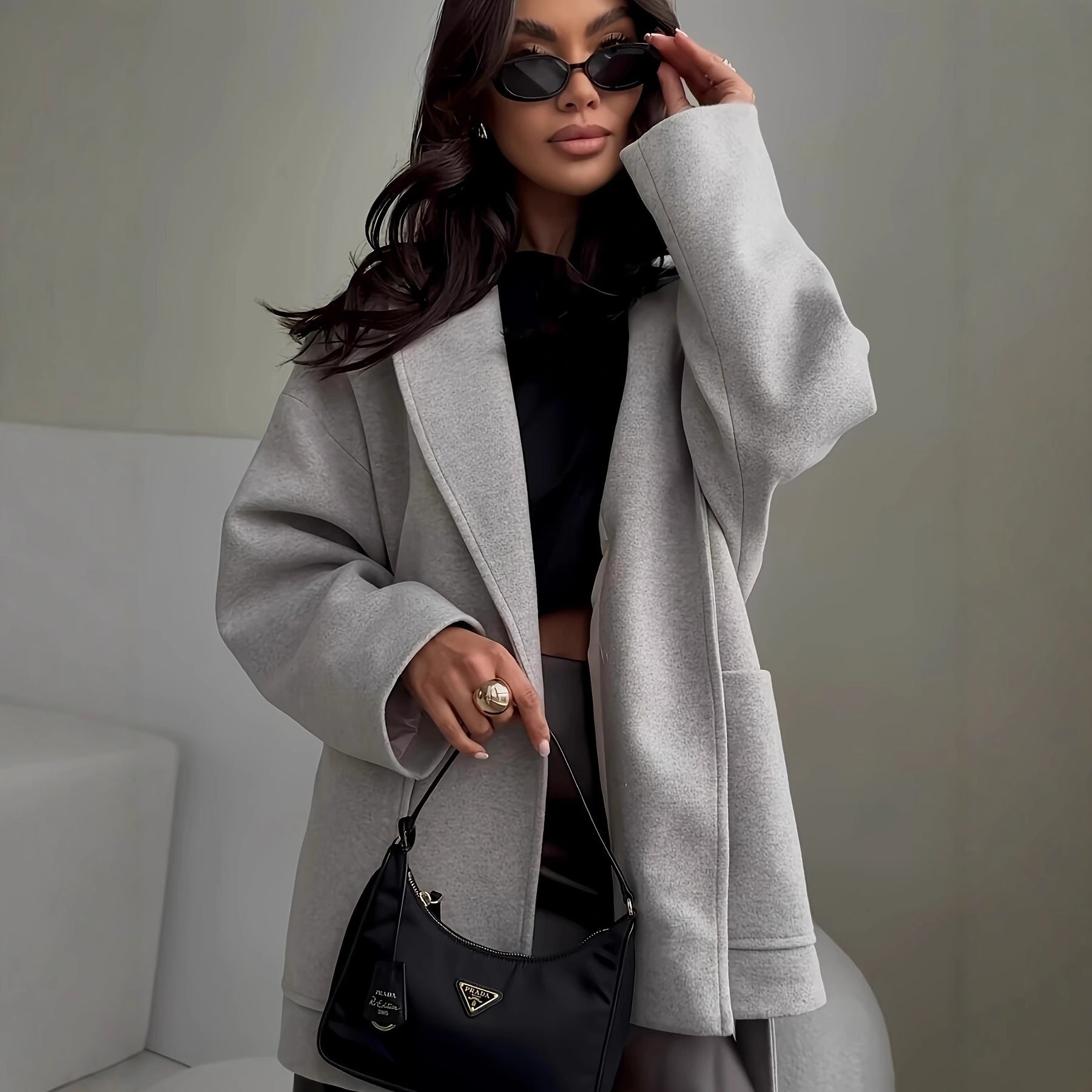 Women’s Pure Color Thickened Loose Long-Sleeve Coat with Belt