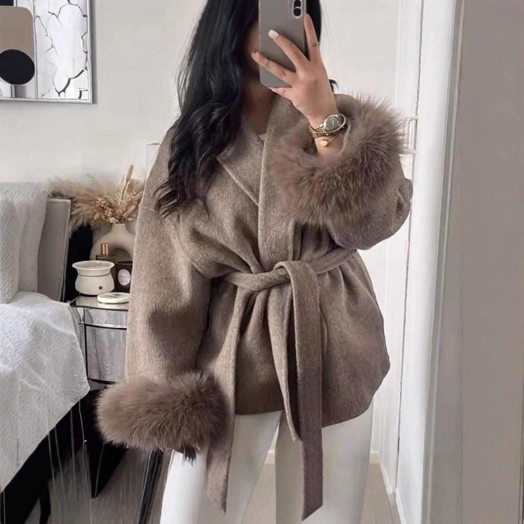 Women’s Fur V-neck Lace-up Woolen Coat with Faux Fur Cuffs