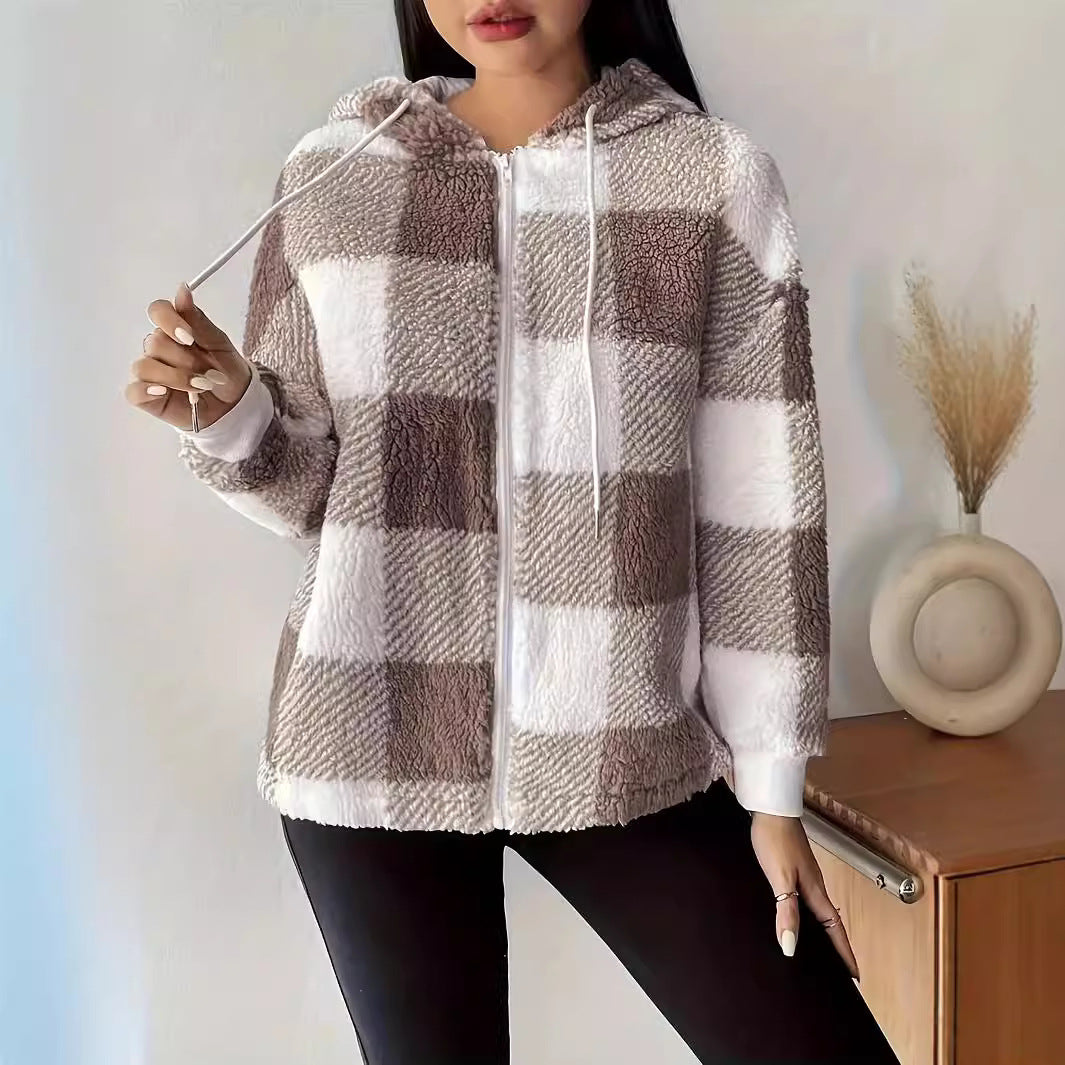Plaid Hooded Loose Fit Winter Jacket – Women’s Casual Warm Outerwear