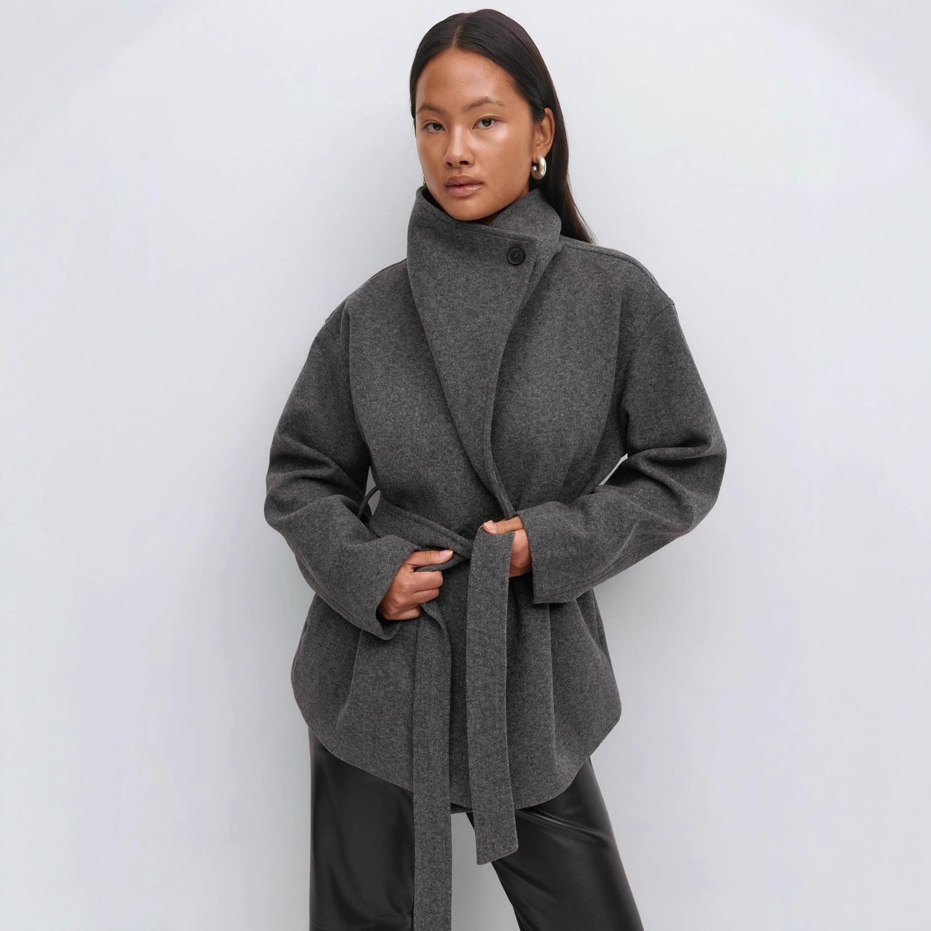 Women’s Autumn Winter Woolen Belted Coat – Elegant Mid-Length Jacket